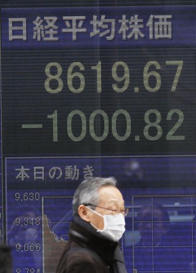 A man walks past a stock price board in a street Tuesday in Tokyo. Japan’s Nikkei stock index fell nearly 11 percent during the unfolding nuclear crisis before rebounding in early trading today. (Associated Press)