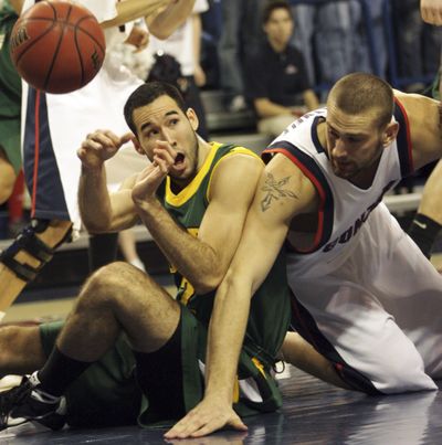ORG XMIT: WARB107 San Francisco's Blake Wallace makes a pass against Gonzaga's Josh Heytvelt in the first half of their NCAA college basketball game in Spokane, Wash. Saturday, Jan. 17, 2009. (AP Photo/Rajah Bose) (Rajah Bose / The Spokesman-Review)