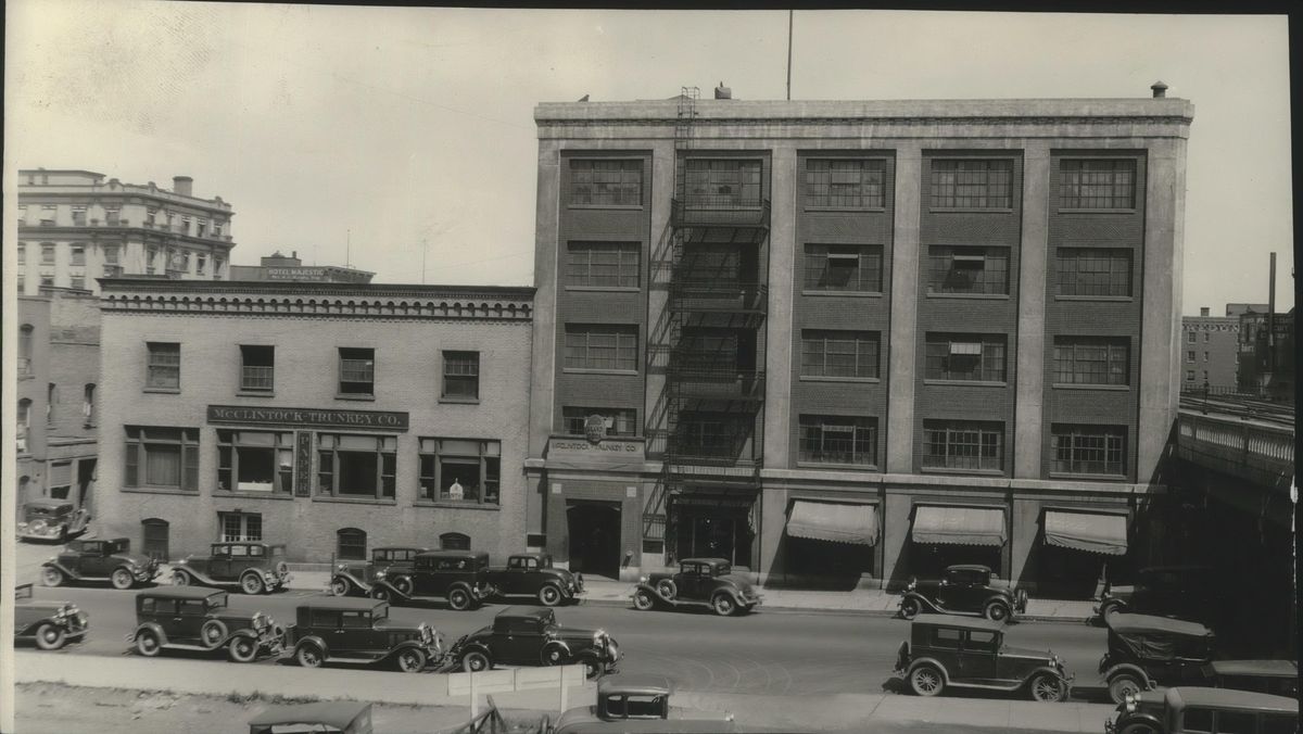 McClintock-Trunkey Co, the pioneer wholesale grocery in the Spokane area, was founded in 1897 under the name of Booth-McClintock. This photo shows the building at 119 S. Stevens in 1935. (Photo archives / SR)