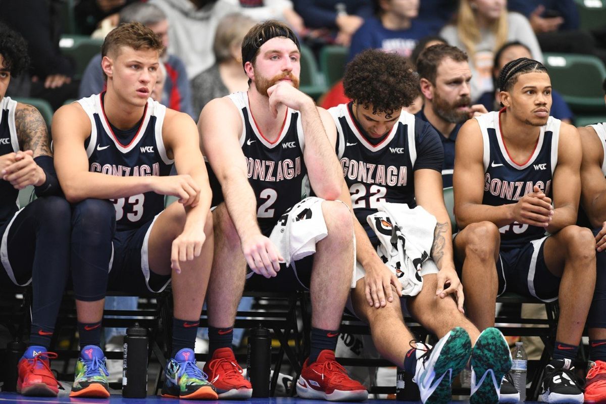 Gonzaga players look on from the bench during an exhibition loss to Tennessee at the Comerica Center in Frisco Texas on Friday, Oct. 28, 2022. (Jesse Tinsley/The Spokesman-Review)