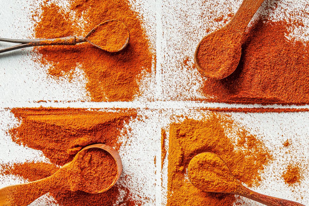 Clockwise from top left: sweet paprika, smoked paprika, hot paprika and Hungarian (sweet) paprika.  (Rey Lopez for The Washington Post/food styling by Lisa Cherkasky for The Washington Post)