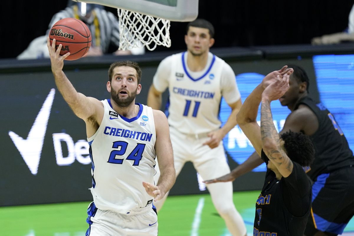 Creighton’s Mitch Ballock drives to the basket against UC Santa Barbara during the first round of the NCAA tournament at Lucas Oil Stadium in Indianapolis on March 20. Ballock and Creighton meet Gonzaga in the Sweet 16 Sunday.  (Associated Press)