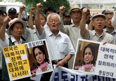 
South Korean protesters stage an anti-U.S. rally today near the U.S. Embassy in Seoul. Secretary of State Condoleezza Rice is scheduled to visit the capital later today on the final leg of her Asian trip buoyed by North Korea's decision to resume negotiations on its nuclear program. 
 (Associated Press / The Spokesman-Review)