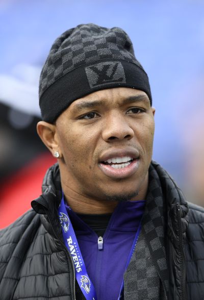 In this Nov. 18, 2018 photo, former Baltimore Ravens NFL football player Ray Rice stands on the Ravens sideline before a game between the Ravens and the Cincinnati Bengals, in Baltimore. (Nick Wass / Associated Press)