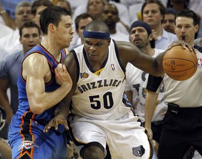 Grizzlies forward Zach Randolph, right, had 21 points and 21 rebounds in Game 3 win over Thunder. (Associated Press)