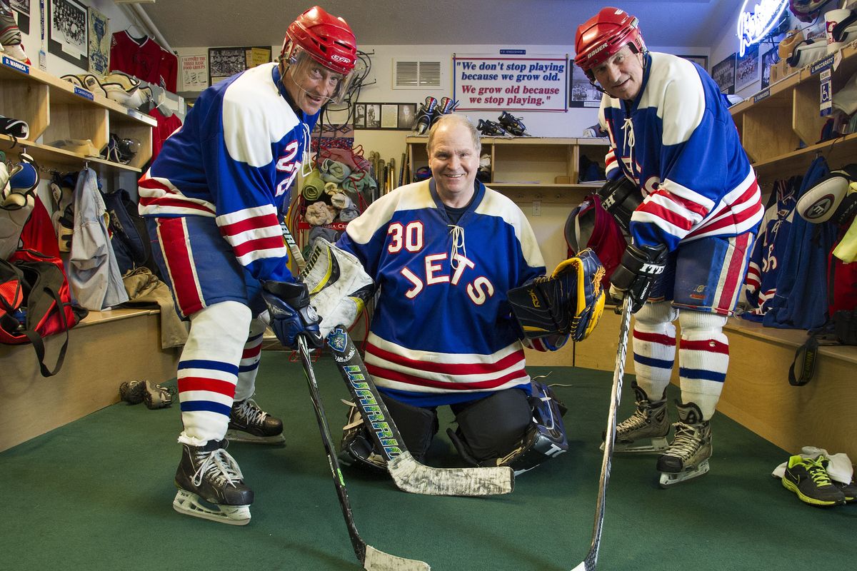 Left to right, Dwight Carruthers, Dave Cox, and Don Scherza, members of the Spokane Oldtimers Hockey Association, have been skating together for years. (Colin Mulvany)