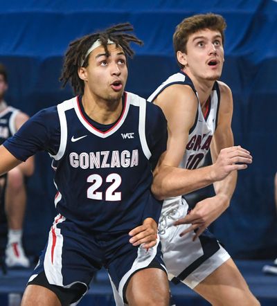 Gonzaga center Pavel Zakharov (right) and forward Anton Watson (22) battle for position at Kraziness in the Kennel on Nov. 12.  (Dan Pelle/The Spokesman-Review)