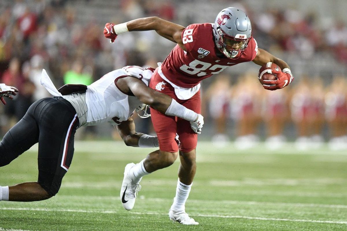 Washington State wide receiver Brandon Gray stretches for yards against New Mexico State on Aug. 31, 2019, at Martin Stadium in Pullman.  (Tyler Tjomsland / The Spokesman-Review)
