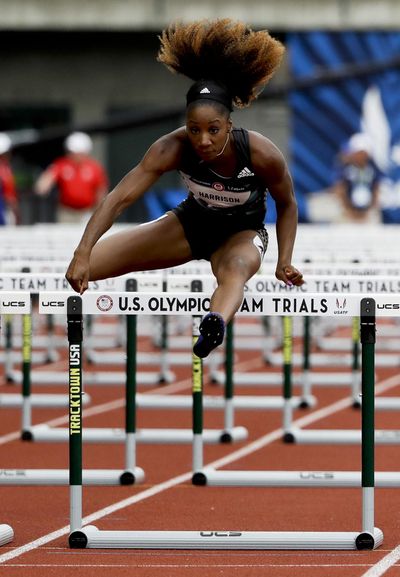 In this July 7, 2016 file photo, Keni Harrison wins her heat during qualifying for women’s 100-meter hurdles at the U.S. Olympic Track and Field Trials in Eugene Ore. (Marcio Jose Sanchez / Associated Press)