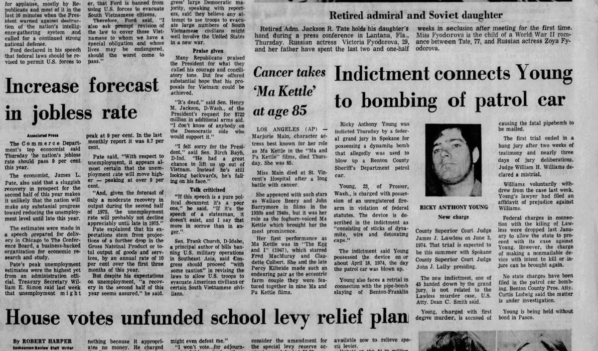 Ricky Anthony Young, who was accused of killing a judge with a mail bomb, was indicted in a second bombing that destroyed a Benton County sheriff’s patrol car, The Spokesman-Review reported on April 11, 1975.  (Spokesman-Review archives)