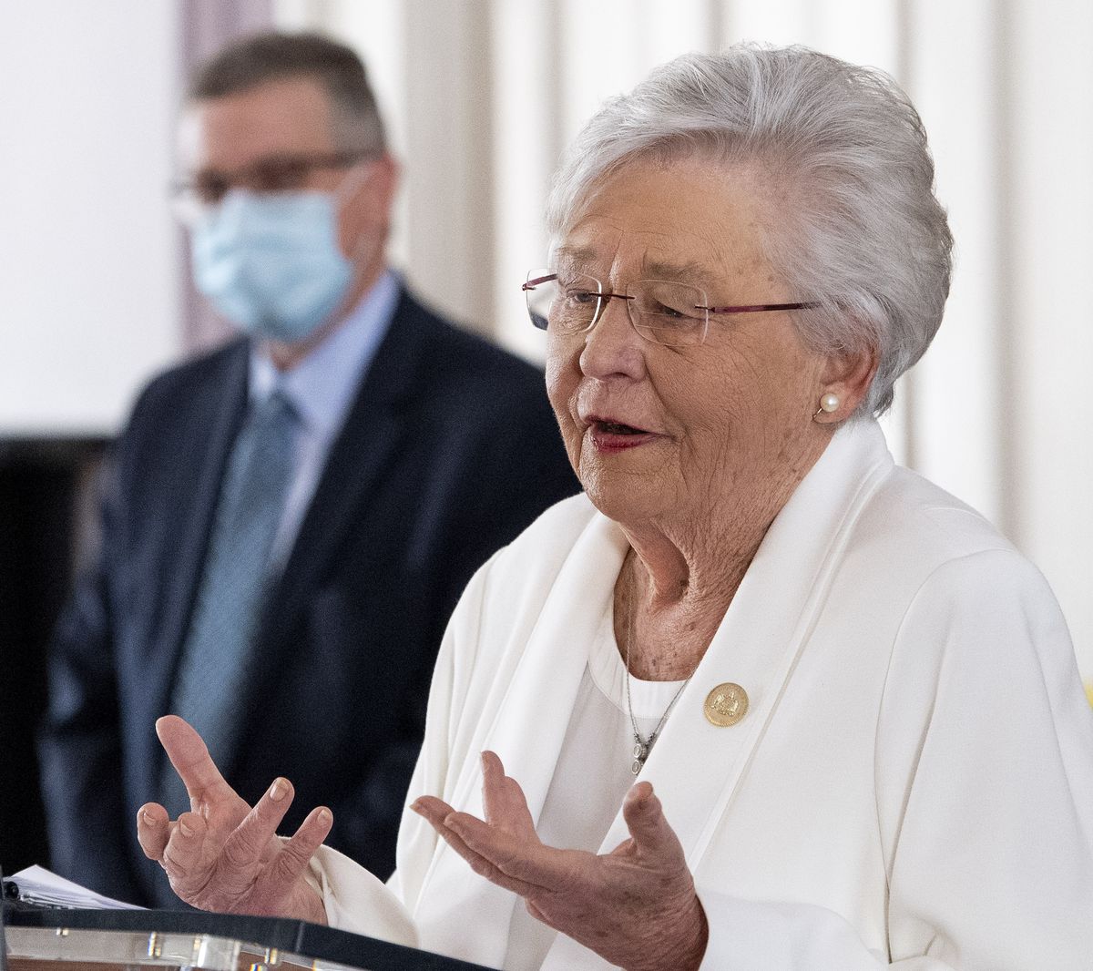 Alabama Gov. Kay Ivey gives a COVID-19 update during a news conference at the Alabama Capitol Building in Montgomery, Ala., on Thursday March 4, 2021. With states including Texas and neighboring Mississippi ending masking requirements, Ivey announced Thursday that masks will be required in the state of nearly 5 million people through April 9.  (Mickey Welsh)