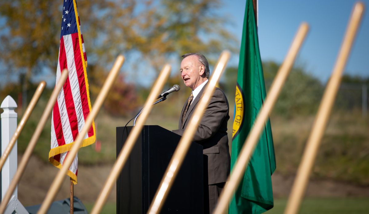 Mark Andereson, associate superintendent, speaks during a groundbreaking ceremony for the new Glover Middle School on Oct. 10, 2019. The new northwest Spokane middle school has been designed by NAC Architecture for a scheduled completion of August 2021. (Libby Kamrowski / The Spokesman-Review)