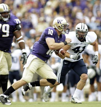 Washington quarterback Jake Locker has accounted for the lion’s share of the Huskies’ offense this season. (Associated Press / The Spokesman-Review)