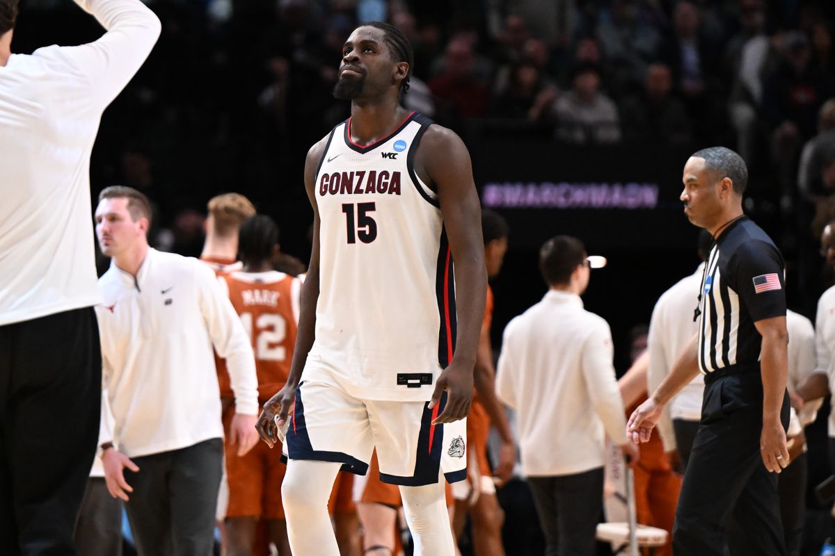 Gonzaga Bulldogs forward Graham Ike (15) reacts heading into a timeout against the Texas Longhorns late during the second half of the second round of the NCAA basketball tournament on Saturday, Mar 21, 2026, at Moda Center in Portland, Ore. The Texas Longhorns won the game 74-68. (Tyler Tjomsland/The Spokesman-Review)