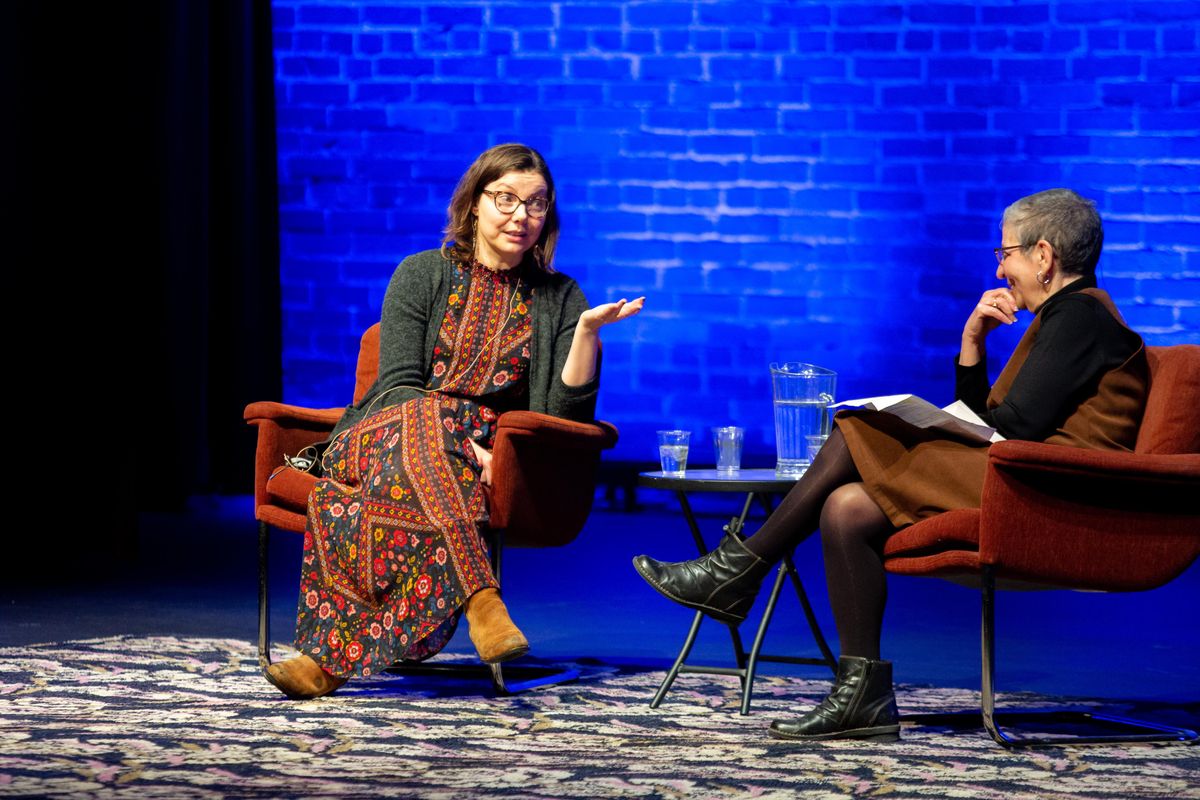 Author Sharma Shields speaks to librarian Nancy Pearl for a Northwest Passages event at the Bing Crosby Theater on March 13, 2019. This was Shields’ second time on stage with Pearl for a Northwest Passages event, this time to discuss Shields’ new book, “The Cassandra.” (Libby Kamrowski / The Spokesman-Review)