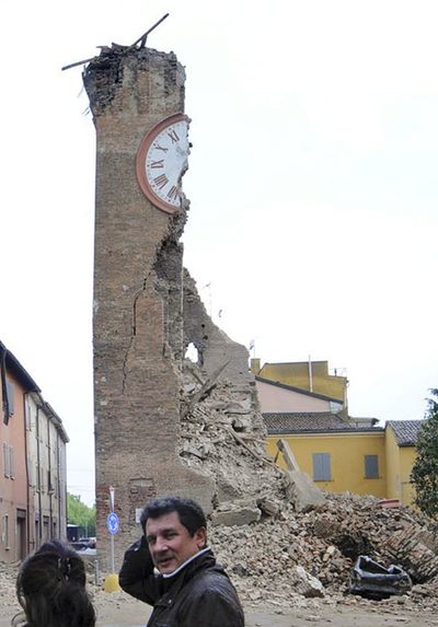 The medieval clock tower of Finale Emilia, Italy, was barely standing Sunday, following a magnitude-6.0 earthquake that shook northern Italy early Sunday. (Associated Press)