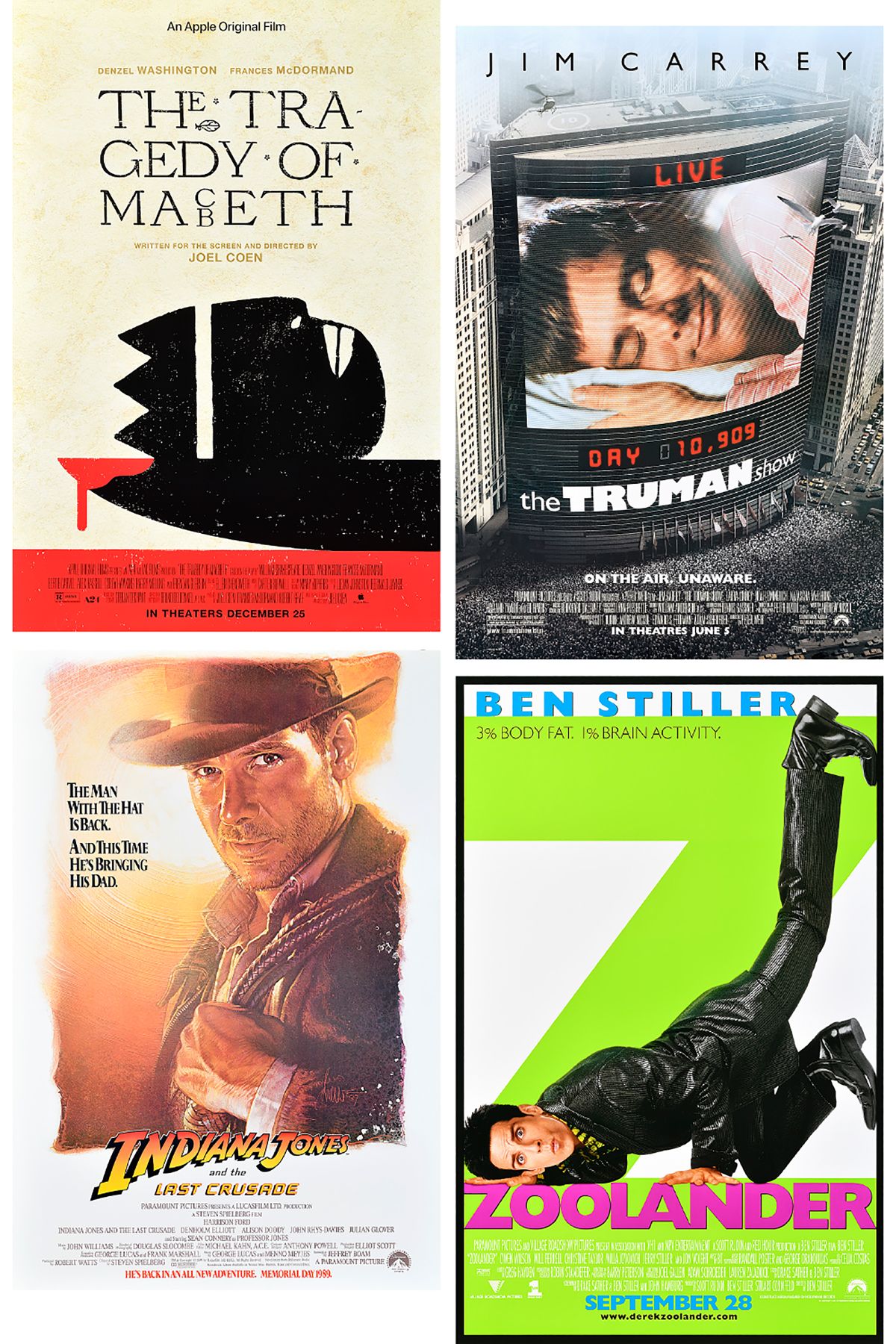 Dawn Baillie’s poster designs, clockwise from top left: “The Tragedy of MacBeth" (2021); “The Truman Show” (1998); “Zoolander” (2001); “Indiana Jones and the Last Crusade" (1989). You’ve seen Dawn Baillie’s posters for thrillers, comedies and dramas outside cineplexes – now her work is being exhibited at Poster House in Manhattan.   (Courtesy of Poster House)