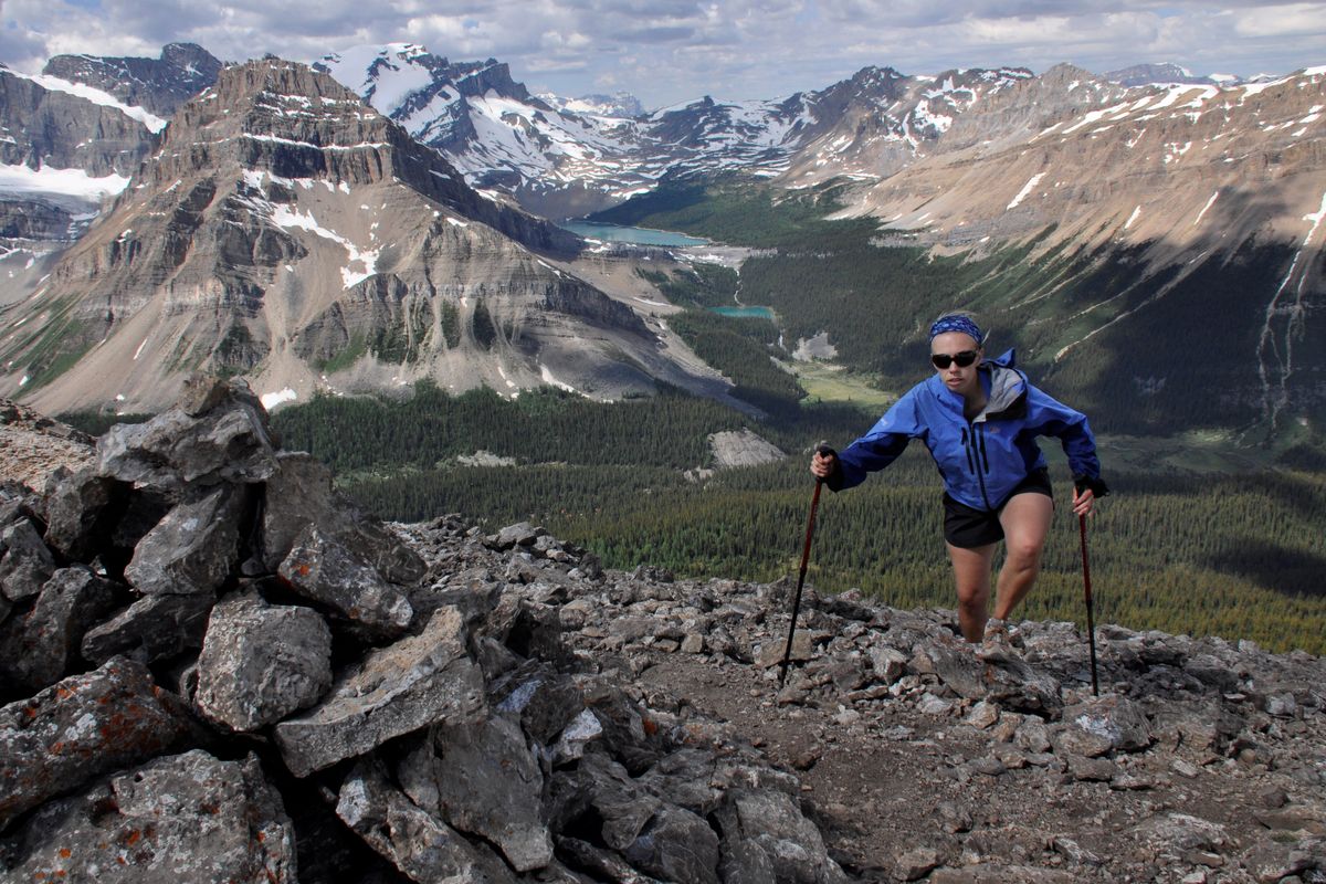 Brook Landers climbs to the top of Skoki Mountain, elevation 8,801 feet, in Banff National Park northeast of Lake Louise.   (Rich Landers)