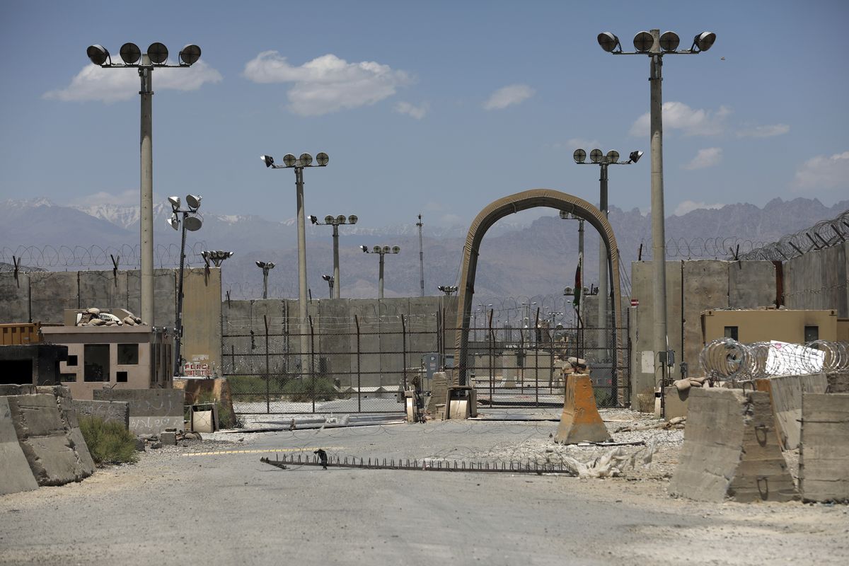 A gate is seen at the Bagram Air Base in Afghanistan, Friday, June 25, 2021. In 2001 the armies of the world united behind America and Bagram Air Base, barely an hours drive from the Afghan capital Kabul, was chosen as the epicenter of Operation Enduring Freedom, as the assault on the Taliban rulers was dubbed. It’s now nearly 20 years later and the last US soldier is soon to depart the base.  (Rahmat Gul)