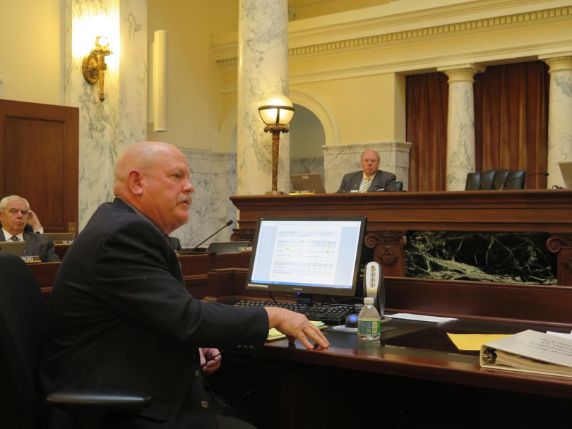 Carl Rey, a member of the Idaho Wolf Depredation Control Board, addresses lawmakers on the joint budget committee on Friday, Jan. 26, 2018. Rey asked for $400,000 for the board for a fifth straight year to kill problem wolves, though the board still has more than $1 million in the bank from past allocations. (Betsy Z. Russell / SR)