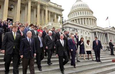 House and Senate Republicans gather on the House steps on Capitol Hill in Washington on Wednesday to draw attention to their opposition to President Barack Obama’s budget. (Associated Press / The Spokesman-Review)