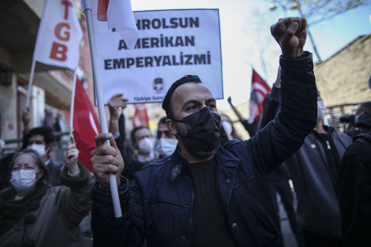 Supporters of the Turkey Youth Union chant slogans during a protest against U.S. President Joe Biden