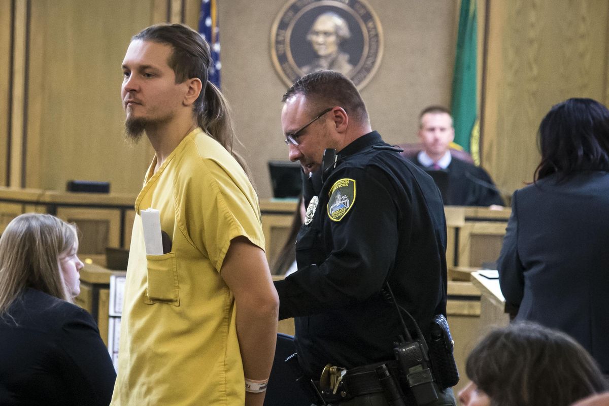 Hubert Wiecek, a member of the Polish metal band Decapitated, during an initial appearance before Superior Court Judge John Cooney, Friday, Oct. 20, 2017. He faced charges of first-degree kidnapping and third-degree rape until they were dropped in January 2018. (Colin Mulvany / The Spokesman-Review)