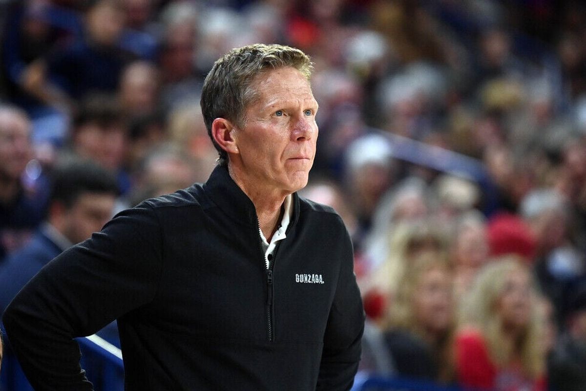 Gonzaga head coach Mark Few keeps an eye on the action on the court during  (Colin Mulvany / The Spokesman-Review)