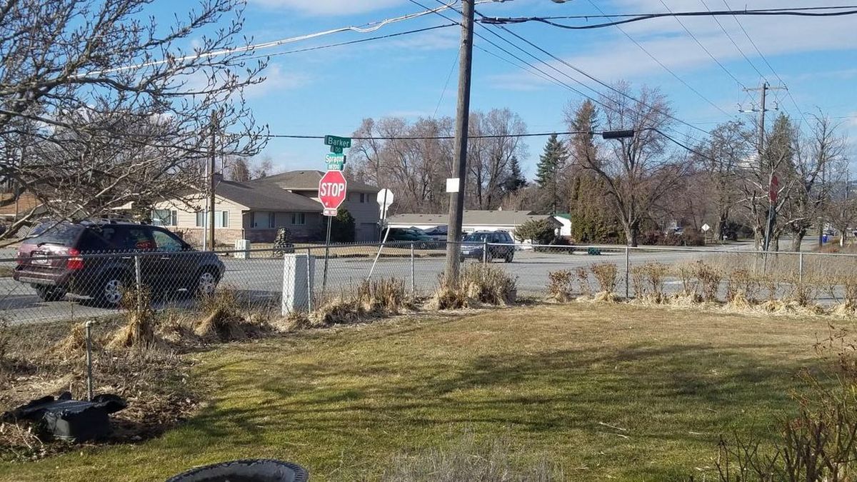 The City of Spokane Valley plans to build a roundabout to control traffic at this intersection, Sprague Avenue and Barker Road, seen here in a March 2020 photo.  (Rebecca White)