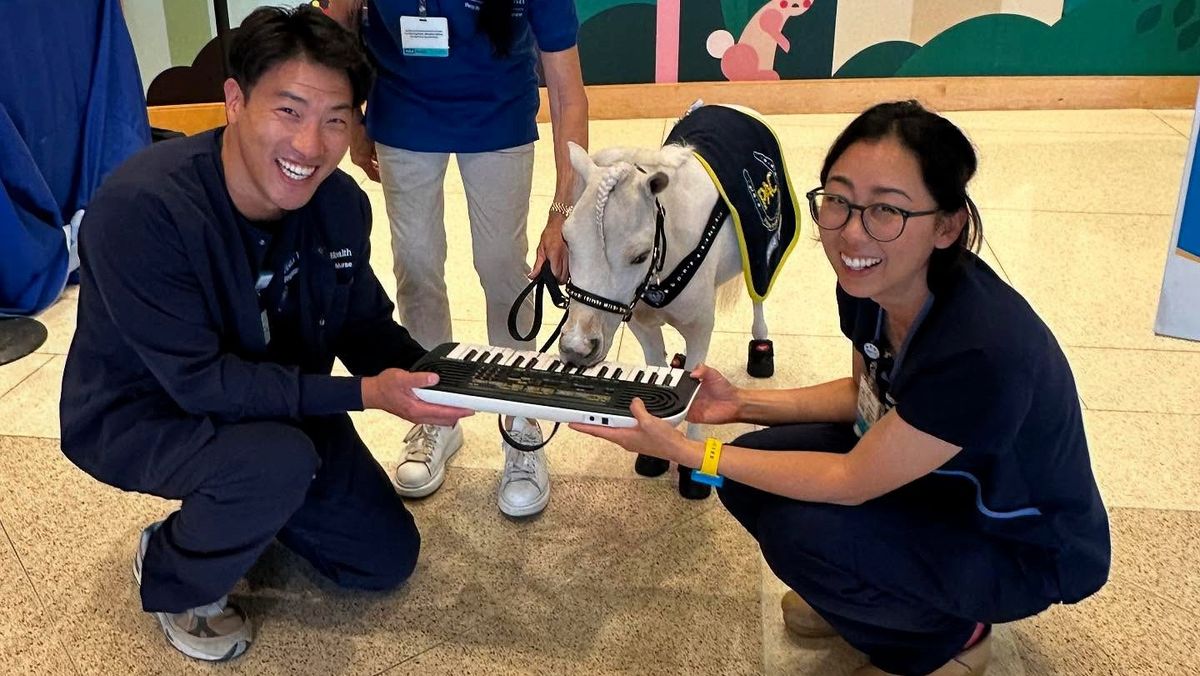 Health care professionals in Los Angeles hold a keyboard for Valentina Blue to play in September. 