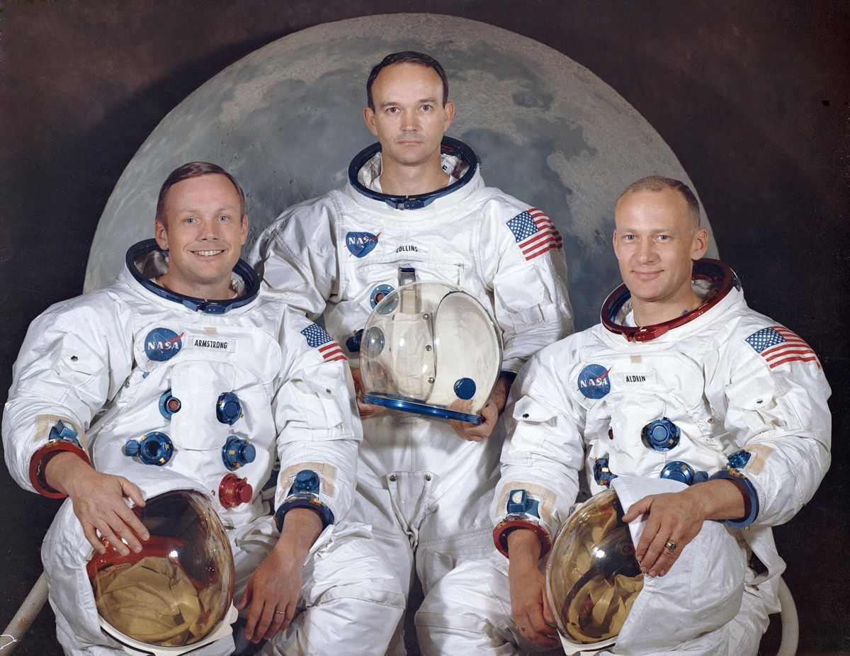 This March 30, 1969 photo made available by NASA shows the crew of the Apollo 11, from left, Neil Armstrong, commander; Michael Collins, module pilot; Edwin E. "Buzz" Aldrin, lunar module pilot. Apollo 11 was the first manned mission to the surface of the moon. (NASA / Associated Press)