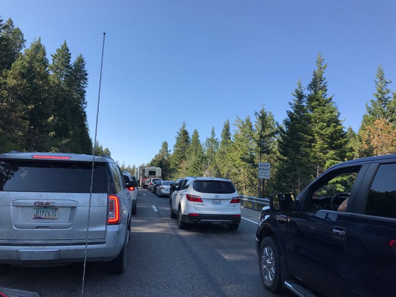 Traffic at a standstill on Highway 20 north of Ashton, Idaho, just after 5 p.m. on Monday, Aug. 21, 2017 (Betsy Z. Russell)