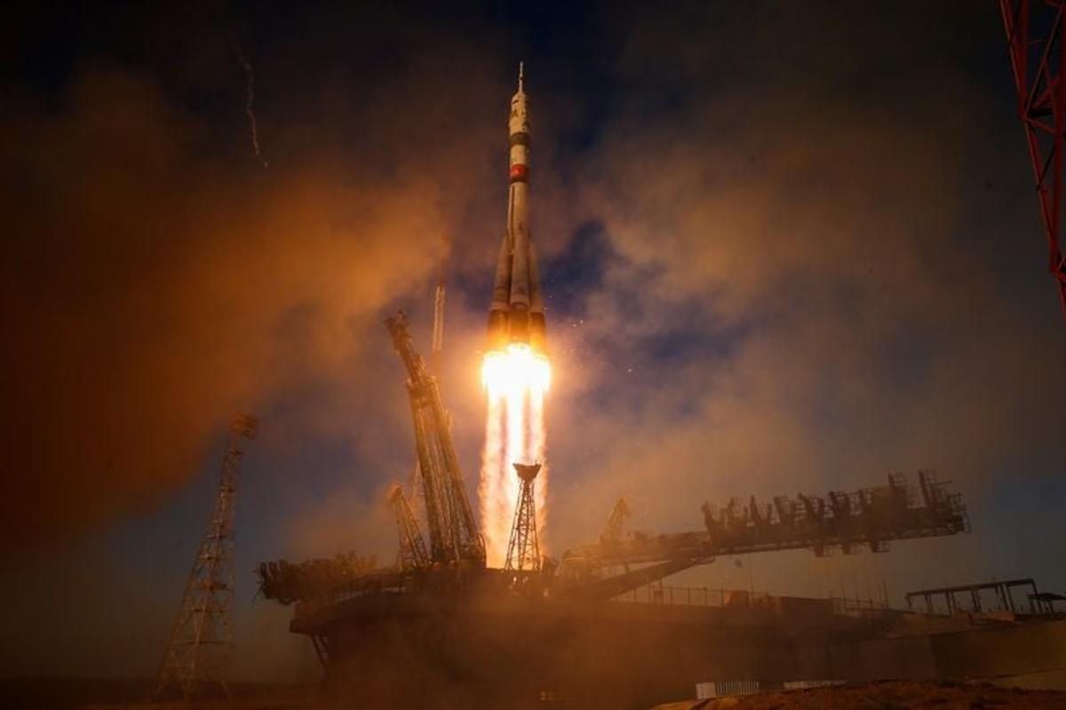 The Soyuz MS-29 spacecraft carrying NASA astronaut Anil Menon, Roscosmos cosmonauts Pyotr Dubrov and Anna Kikina lifts off to the International Space Station (ISS) from the launch pad at the Baikonur Cosmodrome, Kazakhstan, July 14, 2026.   (Pavel Mikheyev/Reuters)