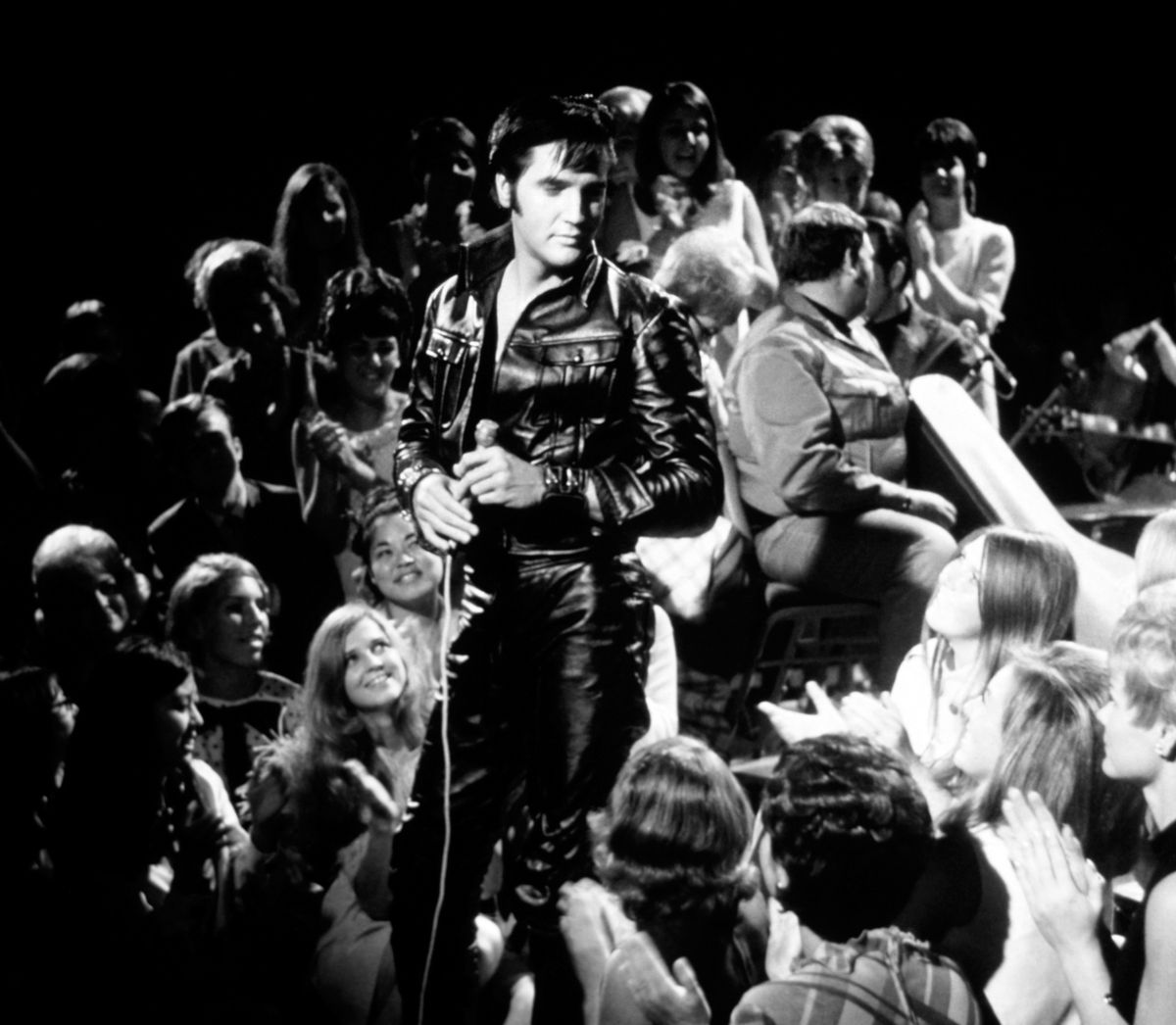 Elvis Presley performs during his ” ‘68 Comeback Special” on NBC in 1968.  (ZUMA Press)