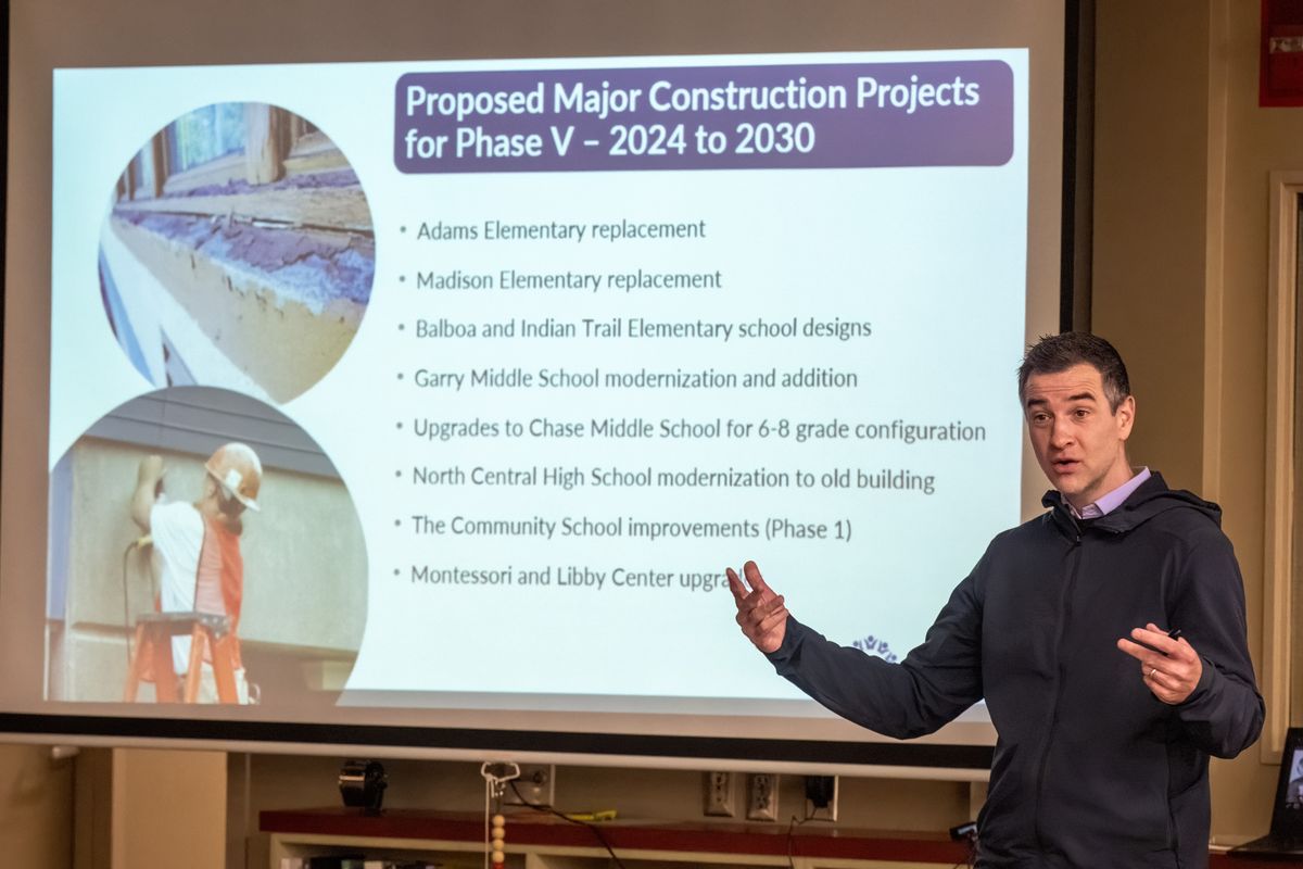 Spokane Public Schools Superintendent Adam Swinyard presents plans for the school levy and bond that will be on the February ballot during a community open house Tuesday at North Central High School.  (COLIN MULVANY/THE SPOKESMAN-REVIEW)
