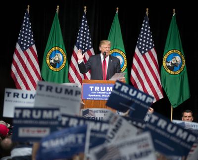Republican presidential candidate Donald Trump speaks during a rally at the Spokane Convention Center on  May 7, 2016. (Colin Mulvany / The Spokesman Review)