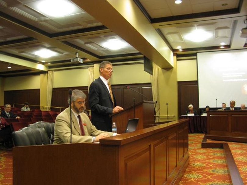 Richard Westerberg, president of the State Board of Education, makes his budget presentation to a joint meeting of JFAC and the House and Senate education committees on Thursday. In higher education in Idaho, he said, the news is 