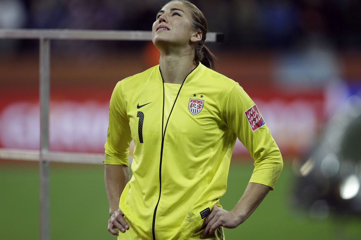 United States goalkeeper Hope Solo reacts after the U.S. lost the final match between Japan and the United States at the Women’s Soccer World Cup in Frankfurt, Germany, on Sunday. For a full story, see page B1. (Associated Press)