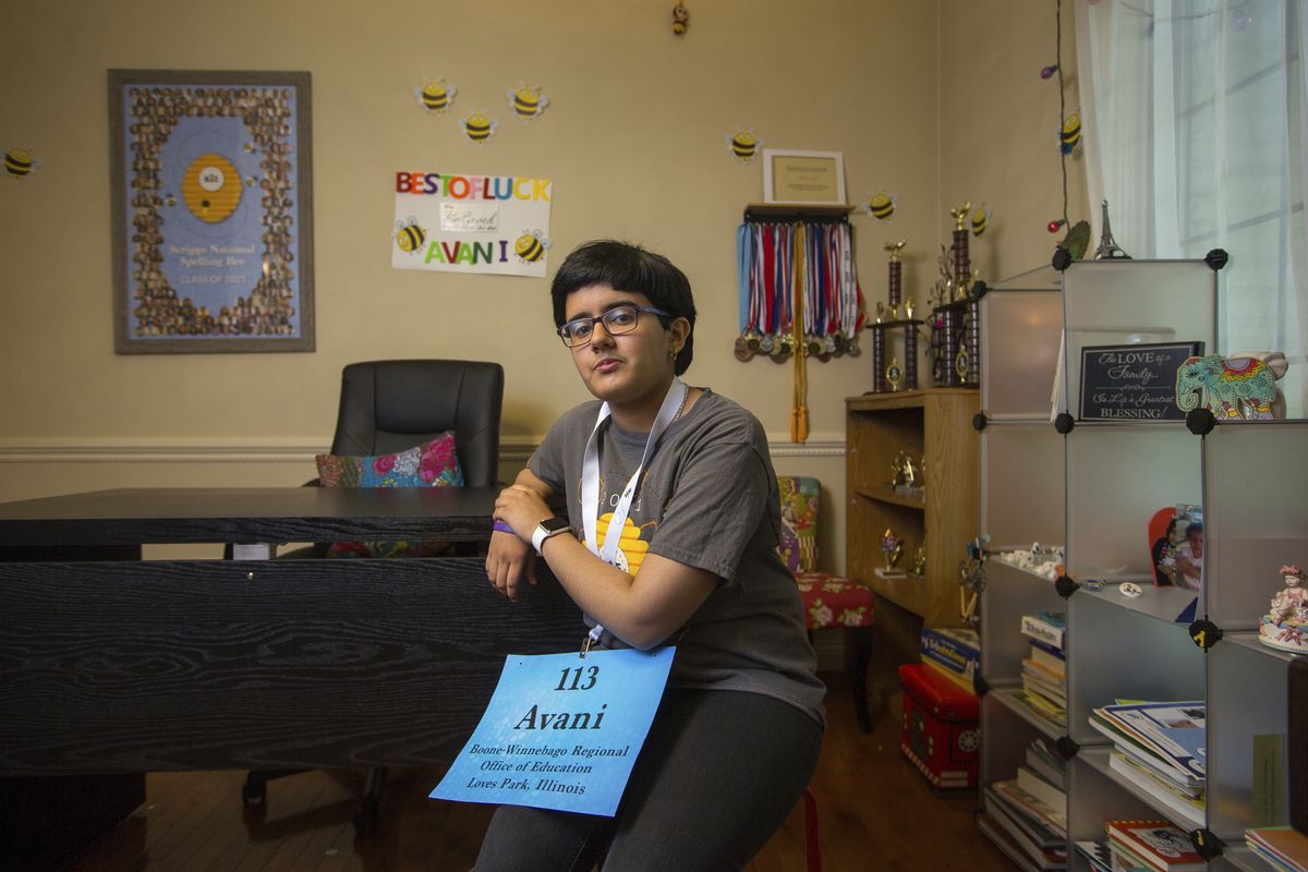 Avani Joshi, a 13-year-old eighth-grader from Roscoe Middle School, sits for a portrait in her home in Roscoe, Ill., on June 24. Joshi is in the semifinals of the Scripps National Spelling Bee.  (Scott P. Yates)