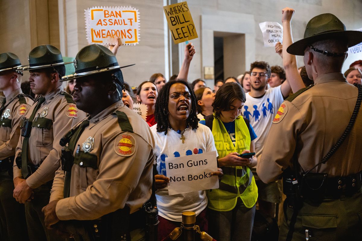 FILE -- Protesters at the State Capitol in Nashville, Tenn., April 6, 2023. Republicans cut short the year's legislative session and punted on any measure dealing explicitly with guns, capping a whirlwind three months of lawmaking that underscored the power of the far-right flank of the Republican Party in Tennessee and saw the brief expulsion of two Black Democratic lawmakers. (Jon Cherry/The New York Times)  (JON CHERRY)