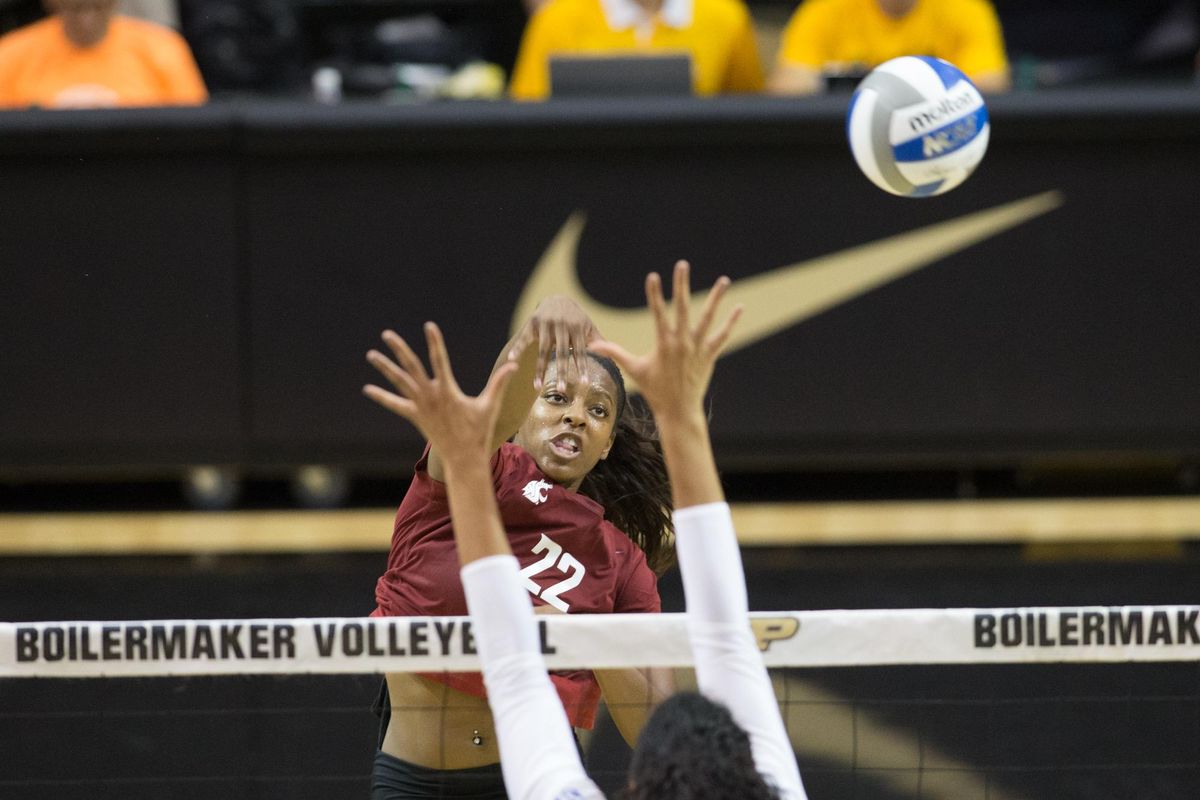 Kyra Holt, in action against Purdue earlier this season, is one of four seniors playing a key role in Washington State’s volleyball resurgence. (WSU photo / WSU photo)