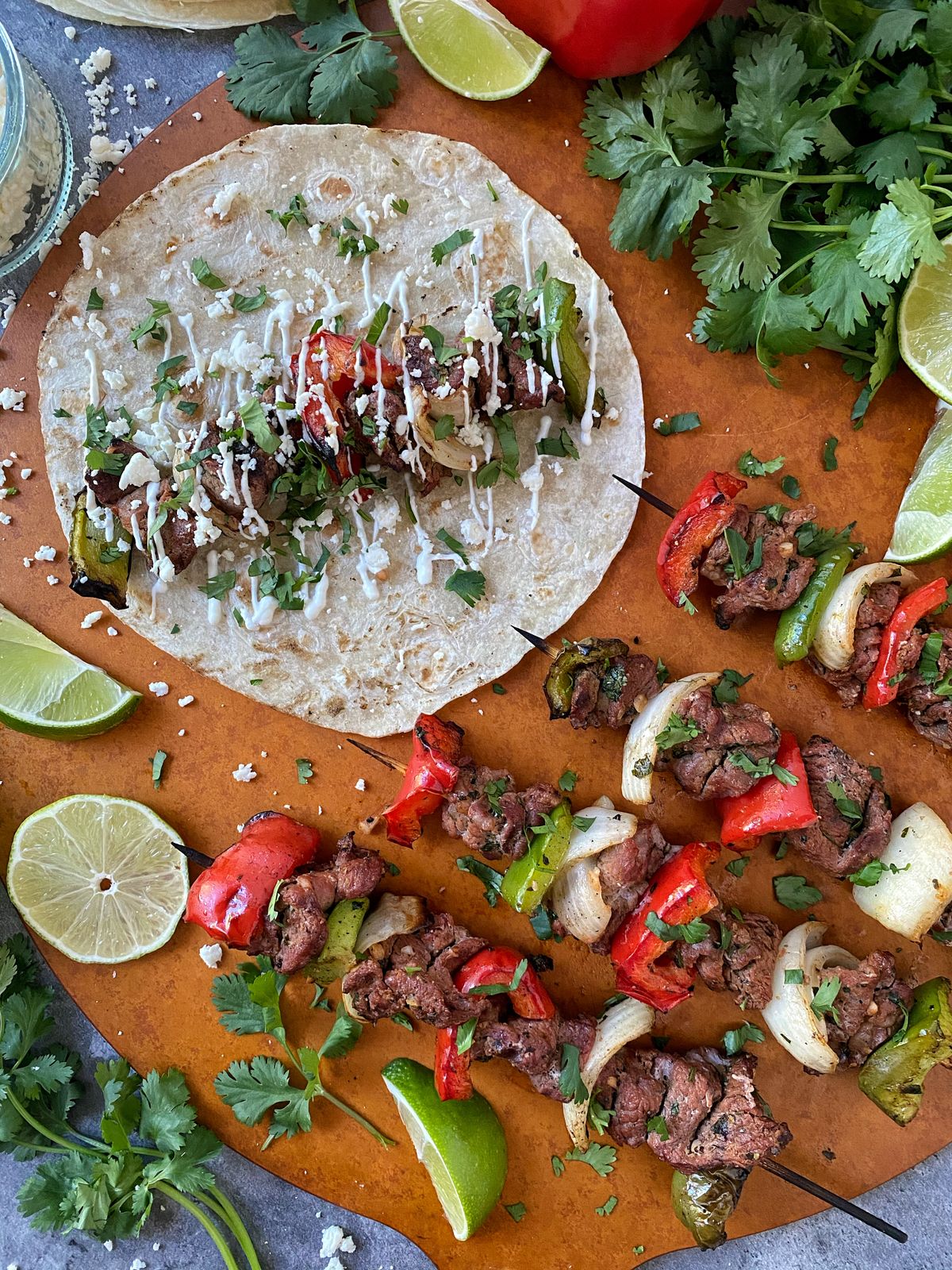 Fajita skewers with meat and vegetables are a convenient make-ahead meal.  (Audrey Alfaro/For The Spokesman-Review)