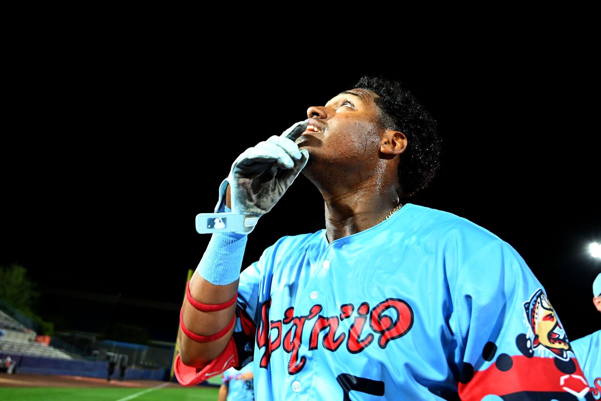 Spokane Indians infielder Roynier Hernandez gives thanks after delivering a walk-off single against the Tri-City Dust Devils on May 6, 2026 at Avista Stadium.   (James Snook)