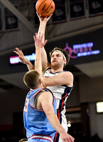Gonzaga’s Drew Timme shoots over LCSC’s Al Sommerfield during Friday’s exhibition game at McCarthey Athletic Center.  (Tyler Tjomsland/The Spokesman-Review)