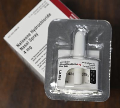 Naloxone Hydrochloride, also called Narcan, is delivered to people who have overdosed on opioid drugs with a nasal applicator and sprayed with a squeeze of the fingers. Photographed Friday, Feb. 9, 2024. (Jesse Tinsley/THE SPOKESMAN-REVIEW)