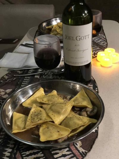 We got to pick up one of our faves from Trader Joe's, the porcini mushroom ravioli. (Leslie Kelly)