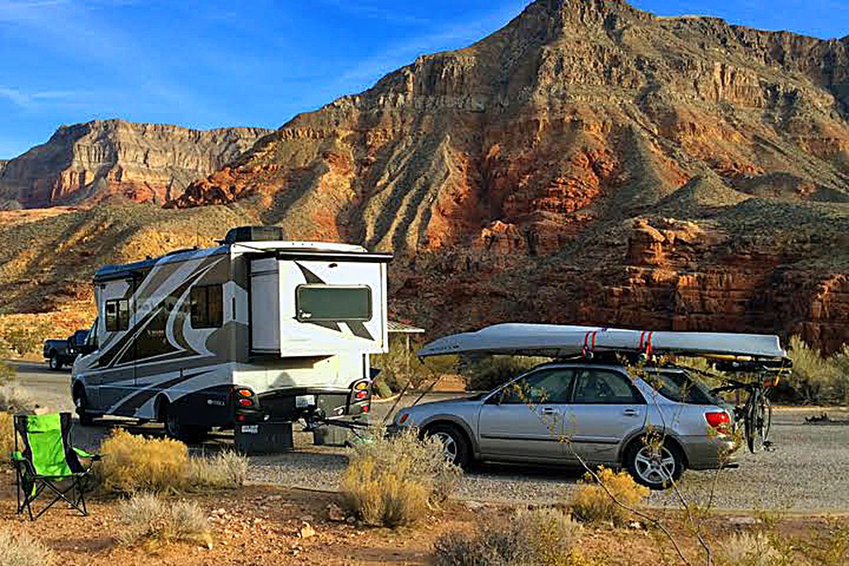 Seabury Blair's Itasca IQ with his tow vehicle at Virgin River Canyon Campround, near Littlefield, Ariz., in January 2018. (Marlene Blair)