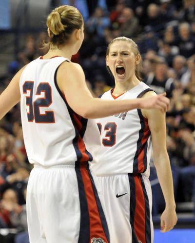Gonzaga's Katelan Redmond, right, lets out a victorious howl at teammate Kayla Standish, left, after sinking a clutch fall away jumper with three seconds left on the shot clock in the second half as the Lady Bulldogs pulled away from the San Diego Toreros. (Jesse Tinsley)