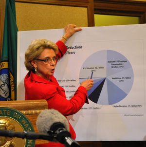 Gov. Chris Gregoire explains the cuts the state has already made to its budget as she explains her proposal for a new round of cuts and a referendum to raise the state sales tax by a half-cent. (Jim Camden)
