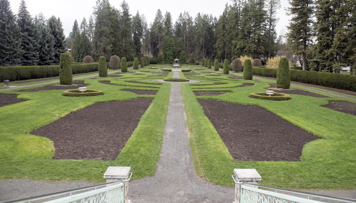 May 2017 - Duncan Garden, with a European Renaissance layout of planting beds, is shown in May of 2017 before the annuals are planted in a massive effort by parks personnel. By August and September, the colors and profusion overwhelm visitors, especially those who are gardeners. (Jesse Tinsley / The Spokesman-Review)